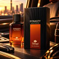 TADangel Dynasty oleh TADangel 100ml EDP Lelaki — Kotak bertekstur kayu gelap dan botol minyak wangi kaca perang dengan penutup hitam, diletakkan di dalam interior kereta kulit dengan latar langit bandar semasa matahari terbenam.