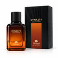 TADangel Dynasty by TADangel 100ml EDP Men — Botol minyak wangi kaca perang dengan penutup hitam di sebelah kotak bertekstur hitam dengan panel gradien oren