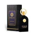 Maison Alhambra Philos Opus Noir — Black velvet perfume bottle with gold accents and a matching patterned box, displayed against a white background.