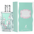 Maison Alhambra Sugar Me Candy Floss Eau de Parfum — Clear glass perfume bottle with mint green liquid and decorative silver, pink, and mint green droplets, next to its mint green and white striped box.