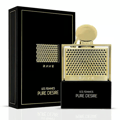 Rave Pure Desire Gold by Rave 100ml EDP — Black box and gold-accented perfume bottle with textured front panel and gold cap, isolated on white.