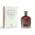 Maison Alhambra Victorioso Fearless 100ml EDP — A red glass perfume bottle with a silver cap and ribbed detailing, next to its white and red patterned box with the brand logo.