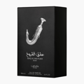 Lattafa Pride Ishq Al Shuyukh Silver by Lattafa Pride 100ml EDP — Black perfume box featuring a silver ornate dagger illustration and Arabic text.