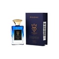 Bujairami Emperor by Bujairami 100ml EDP — Blue faceted glass perfume bottle with gold cap, next to its navy blue presentation box with gold crown logo.