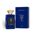 Bujairami Emperor by Bujairami 100ml EDP — Blue glass perfume bottle with gold cap and gold emblem, next to a matching blue presentation box with gold emblem and text.