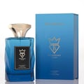 Bujairami Enforcer Eau de Parfum — Blue faceted glass bottle with gold cap, next to its blue box packaging, both featuring the Bujairami logo.