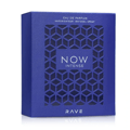 Rave Now Intense by Rave 100ml EDP — Kotak biru bertekstur dengan corak geometri berlubang menampakkan perkataan 'NOW' dan 'INTENSE' dalam teks putih.