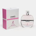 Maison Alhambra Chants Tenderina Eau De Parfum — A pink and white perfume box with 'CHANTS EAU DE PARFUM' text and a deer logo, next to a clear glass perfume bottle with a pink tint and a silver band labeled 'TENDERINA'.