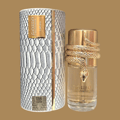 Lattafa Musamam Intense by Lattafa 100ml EDP — White textured box with gold accents next to a clear perfume bottle wrapped in a gold snake with jeweled eyes, gold cap