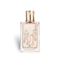 Maison Alhambra Sugar Me Marshmallow Dream — Rectangular glass perfume bottle with a gold, textured cap. The bottle contains pale pink liquid and features a decorative pattern of gold lines and light blue circles.