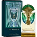 Maison Alhambra La Charmante — A bottle of La Charmante perfume with a peacock-inspired gold and green cap, next to its matching dark teal box with art deco design.