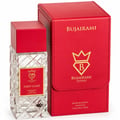 Bujairami First Class Amber Woody 100ml Extrait — Clear faceted glass perfume bottle with red cap and gold label, next to a red presentation box with gold logo.