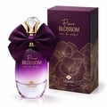TADangel Fleur Blossom 100ml EDP Women — Purple gradient glass perfume bottle with a large satin purple bow and crystal cap, next to its matching purple and gold patterned box.