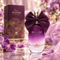 TADangel Fleur Blossom by TADAngel 100ml EDP Women — Purple gradient perfume bottle with a large satin bow and crystal cap, next to its matching box, surrounded by purple orchids and sheer fabric.