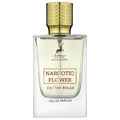Maison Alhambra Flower Addiction Edition Rouge 100ml by Maison Alhambra — Clear glass perfume bottle with a gold patterned cap, featuring a deer logo and text "Narcotic Flower Edition Rouge Eau de Parfum" on the label. | Maison Alhambra Flower Addiction Edition Rouge 100ml by Maison Alhambra — Botol minyak wangi kaca