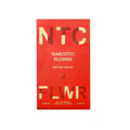 Maison Alhambra Flower Addiction Edition Rouge 100ml — Red box with gold lettering 'NTC' and 'FLWR', text 'NARCOTIC FLOWER EDITION ROUGE', deer logo, and volume details. | Maison Alhambra Flower Addiction Edition Rouge 100ml — Kotak merah dengan tulisan emas 'NTC' dan 'FLWR', teks 'NARCOTIC FLOWER EDITION ROUGE', logo