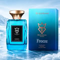 Bujairami Freeze by Bujairami 100ml EDP — Blue faceted glass perfume bottle with gold cap, next to its blue gradient box, set against a snowy mountain background.