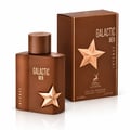 Maison Alhambra Galactic Men Intense — Brown perfume bottle and matching box with gold star accents, set against a white background.