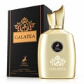 Maison Alhambra Galatea — Gold perfume bottle and black box with gold accents, featuring a lion crest and deer logo.
