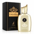 Maison Alhambra Galatea — Gold-accented black box with ornate crest and 'GALATEA' text next to a pale gold perfume bottle with a unique gold cap and matching crest detail.