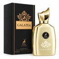 Maison Alhambra Galatea — Gold perfume bottle and black textured box with gold accents, featuring a deer emblem and ornate crest.