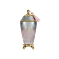 Zimaya Ghali Elegant Eau De Parfum 100ml by Zimaya — A tall, fluted glass perfume bottle with a gradient pink and silver finish, topped with a gold and grey textured cap adorned with a pink tassel. | Zimaya Ghali Elegant Eau De Parfum 100ml by Zimaya — Botol kaca tinggi berlekuk dengan kemasan merah jambu dan perak