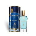 Maison Alhambra Glacier Flora 100ml — A blue perfume bottle with a gold cap stands next to its matching cylindrical box, both featuring gold leaf designs on a dark blue background. | Maison Alhambra Glacier Flora 100ml — Botol minyak wangi biru dengan penutup emas berdiri di sebelah kotak silindernya yang sepadan