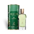 Maison Alhambra Glacier Heaven 100ml — Green floral patterned cylindrical box with a glass perfume bottle in front, both featuring gold accents and deer motifs. | Maison Alhambra Glacier Heaven 100ml — Kotak silinder hijau bermotif bunga dengan botol minyak wangi kaca di hadapannya, kedua-duanya menampilkan aksen emas