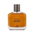 Grandeur Statement Man Eau De Parfum 100ml — A clear glass perfume bottle with amber liquid and a silver ribbed cap, featuring black text 'STATEMENT MAN' and a circular logo at the base. | Grandeur Statement Man Eau De Parfum 100ml — Botol minyak wangi kaca jernih dengan cecair berwarna ambar dan penutup berjalur