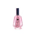 Ard Al Zaafaran Hareem Al Sultan EDP 50ml — A clear glass perfume bottle with pink liquid and a dark cap, featuring a label with Arabic script and a circular emblem. | Ard Al Zaafaran Hareem Al Sultan EDP 50ml — Botol minyak wangi kaca jernih dengan cecair merah jambu dan penutup gelap, menampilkan label dengan