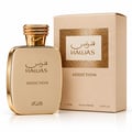 RASASI Hawas Addiction by Rasasi 100ml EDP — Botol emas bertutup unik di sebelah kotak beige dengan panel bertekstur emas.