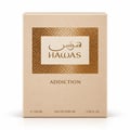 RASASI Hawas Addiction by Rasasi 100ml EDP — Kotak berwarna krim dengan petak emas bertekstur tertulis skrip Arab dan perkataan HAWAS, di bawahnya tertulis ADDICTION, dengan butiran isipadu di bahagian bawah.