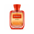 Kenz de Rasasi Hawas Apex — Botol minyak wangi kaca jernih berisi cecair gradien oren, berlabel oren segi empat dengan teks perak 'HAWAS APEX' dan 'KENZ de RASASI' di bawah, bertudung oren berjalur.