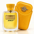 Kenz de Rasasi Hawas Apex GT — Yellow perfume bottle with gold accents and a textured yellow case with a silver emblem.