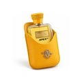 Kenz de Rasasi Hawas Apex GT — Yellow textured leather case holding a clear glass perfume bottle with a gold label and textured yellow cap.