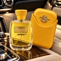 Kenz de Rasasi Hawas Apex GT — Yellow textured case and golden perfume bottle with yellow cap, placed on a car's interior dashboard.