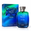 RASASI Hawas Atlantis by Rasasi 100ml EDP — Botol minyak wangi kaca gradien biru dan hijau dengan penutup perak bertekstur, bersebelahan dengan kotak corak kulit ular biru dan hijaunya.