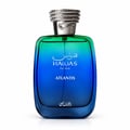 RASASI Hawas Atlantis — Botol minyak wangi kaca gradien biru dan hijau dengan penutup perak bertekstur, tertulis teks putih.