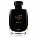 RASASI Hawas Black For Him — Botol minyak wangi kaca hitam dengan penutup hitam bertekstur, tulisan emas ros pada label.