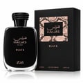 RASASI Hawas Black For Him oleh Rasasi 100ml EDP — Botol minyak wangi kaca hitam bertutup hitam bertekstur di sebelah kotak hitam bermotif kulit ular emas ros dan nama jenama.