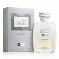 RASASI Hawas Blanche by Rasasi 100ml EDP — Silver box with textured square and white perfume bottle with rope-like cap, set against a white background.