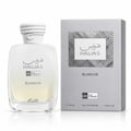 RASASI Hawas Blanche by Rasasi 100ml EDP — White glass perfume bottle with rope-like cap next to its silver textured box, showing Arabic and English text.