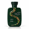 RASASI Hawas Boa by Rasasi 100ml EDP — Botol hijau bertekstur dengan rekaan ular melingkar bersisik emas, jingga, dan hijau. Tertulis 'HAWAS For Him' dan 'BOA'.