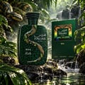 RASASI Hawas Boa by Rasasi 100ml EDP — Botol dan kotak minyak wangi corak ular hijau dalam hutan subur dengan latar belakang air terjun.