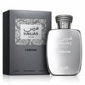 RASASI Hawas Chrome For Him by Rasasi 100ml EDP — Silver metallic perfume bottle and matching box with textured snake-skin pattern detail on the box
