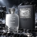RASASI Hawas Chrome For Him — Silver metallic perfume bottle and matching box with snake skin texture, set on dark, wet rocks with smoke effects.