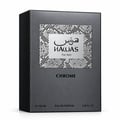 RASASI Hawas Chrome For Him by Rasasi 100ml EDP — A dark grey textured box with a silver panel featuring Arabic script and 'HAWAS For Him' in English, with 'CHROME' text below.