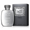 RASASI Hawas Chrome For Him by Rasasi 100ml EDP — Silver metallic perfume bottle with textured cap next to its grey textured box, both featuring silver snake-skin pattern accents.
