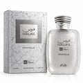 RASASI Hawas Crystelle oleh Rasasi 100ml EDP — Kotak dan botol corak retak perak dengan penutup perak berhias, menunjukkan teks Arab dan Inggeris.