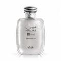 RASASI Hawas Crystelle by Rasasi 100ml EDP — Botol minyak wangi tona perak dengan kemasan retak bertekstur dan penutup perak berjalin, tertulis teks Arab dan Inggeris.